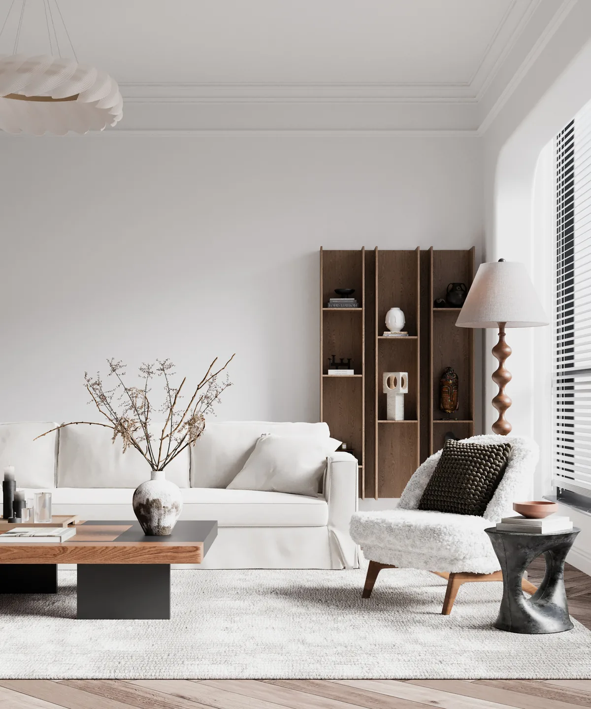 White living room with a linen sofa, armchair and wooden shelving