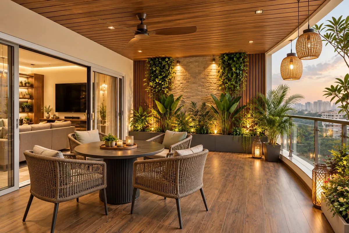 Balcony with a wooden ceiling, woven chairs, green wall and rattan pendant lights