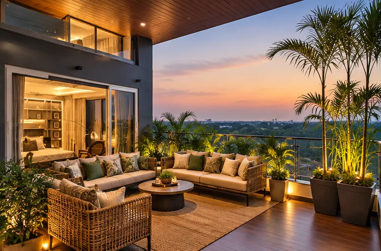 Terrace lounge with wicker sofas, a round coffee table and tall planters against a sunset sky.