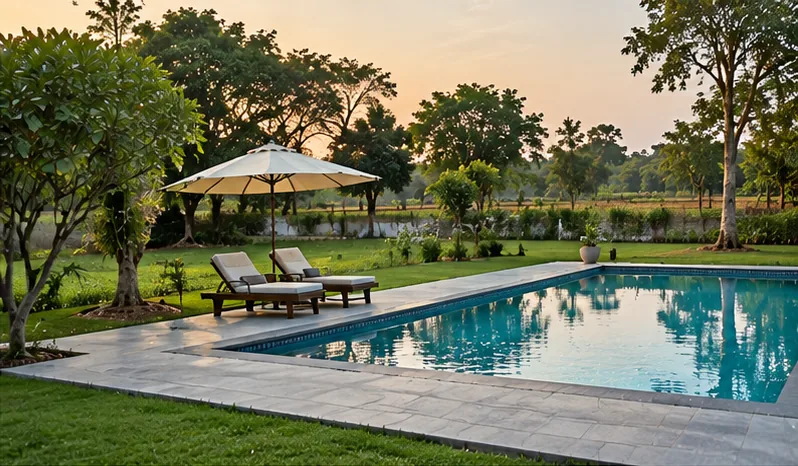 Swimming pool with sun loungers and a parasol