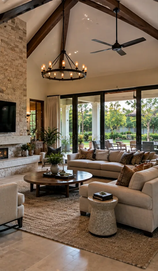 Double-height living room with a stone fireplace, timber beams, a chandelier and glass doors to the garden
