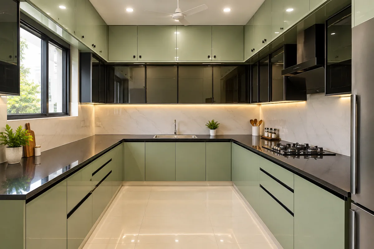 U-shaped kitchen with sage green cabinets and black countertops