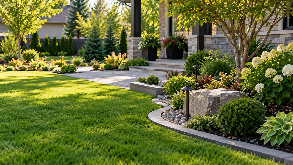 Front garden with a curved lawn, stone edging and flowering shrubs