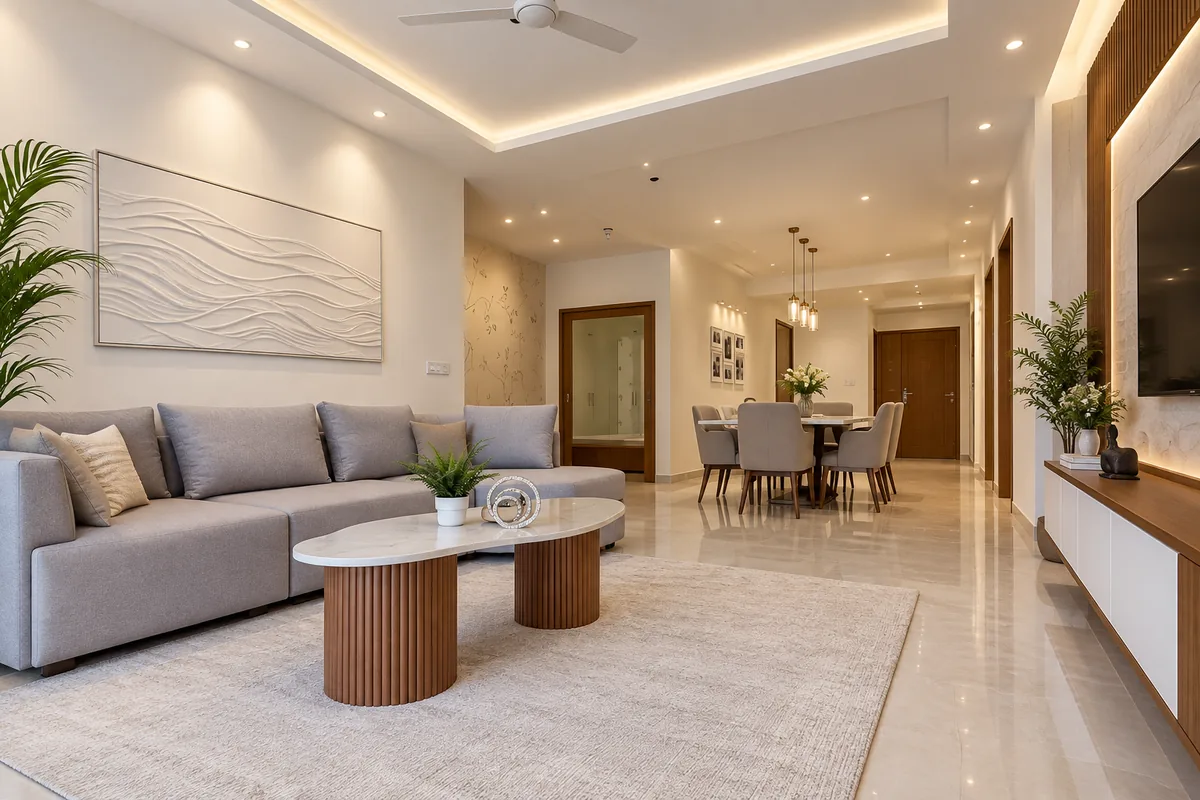 Living room with a grey sectional sofa, an oval coffee table on a fluted wooden base and a dining area beyond.