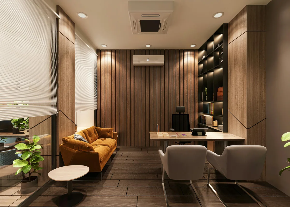 Wood-panelled office interior with an orange sofa, from the ERASpaces portfolio cover